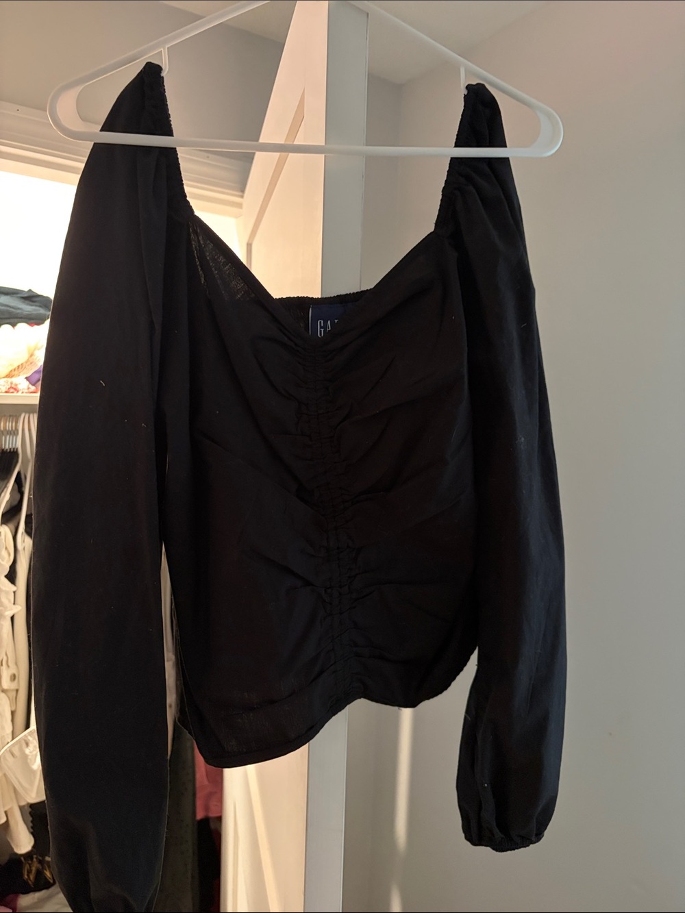 GAP Black Ruched Long-Sleeve Square Neck Top